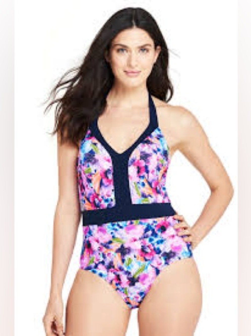 LANDS' END Perfect Floral V-Neck Tummy Control One Piece Swimsuit 10 Navy Pink